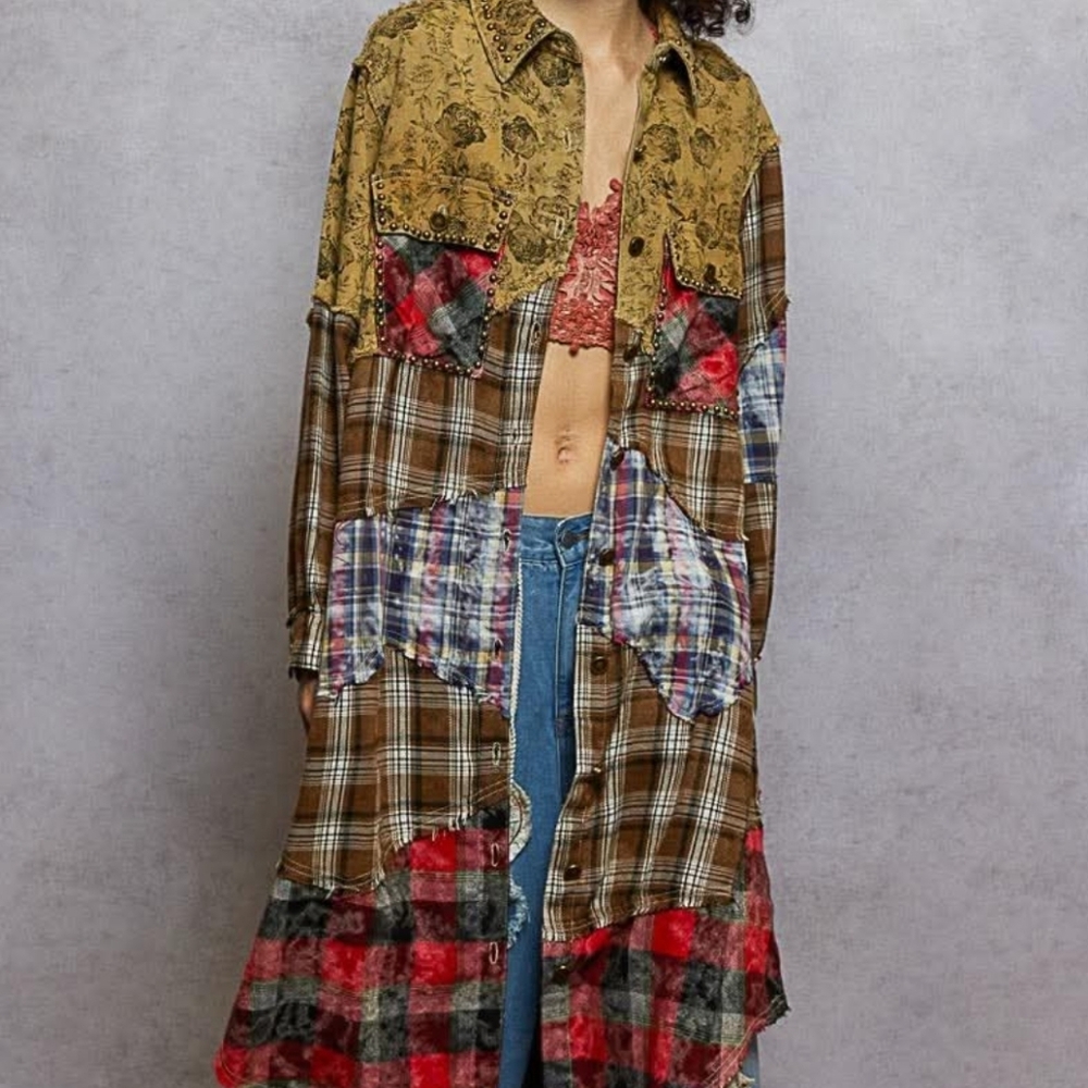POL NWT Plaid Patchwork & Floral Button Down Midi… - image 1